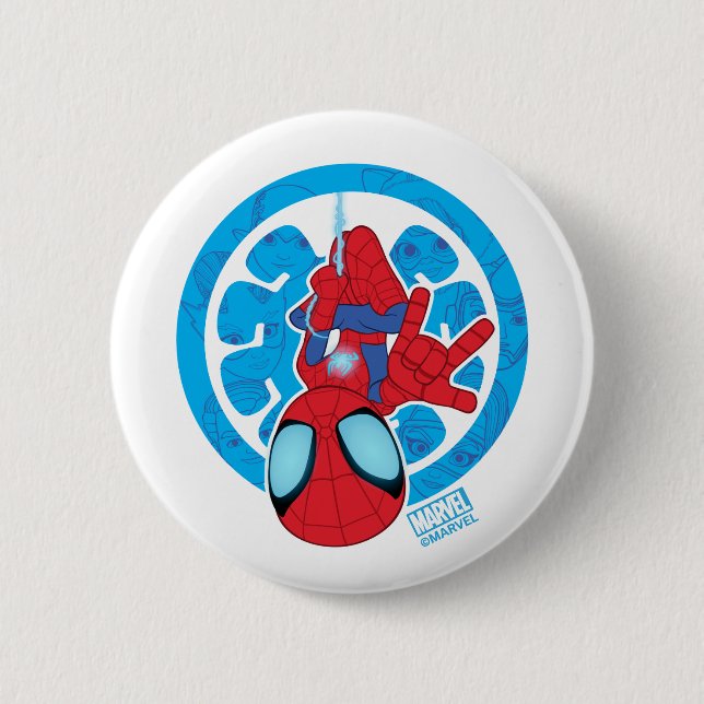 Spidey Hanging Upside Down Logo Villain Collage Button (Front)