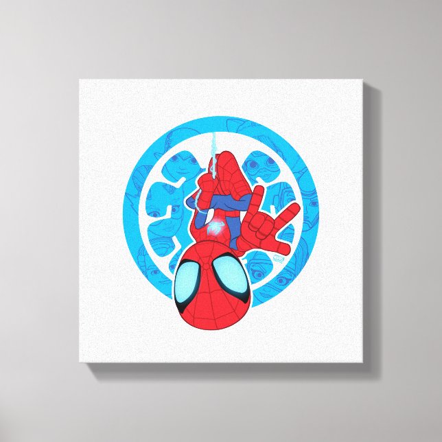 Spidey Hanging Upside Down Logo Villain Collage Canvas Print (Front)