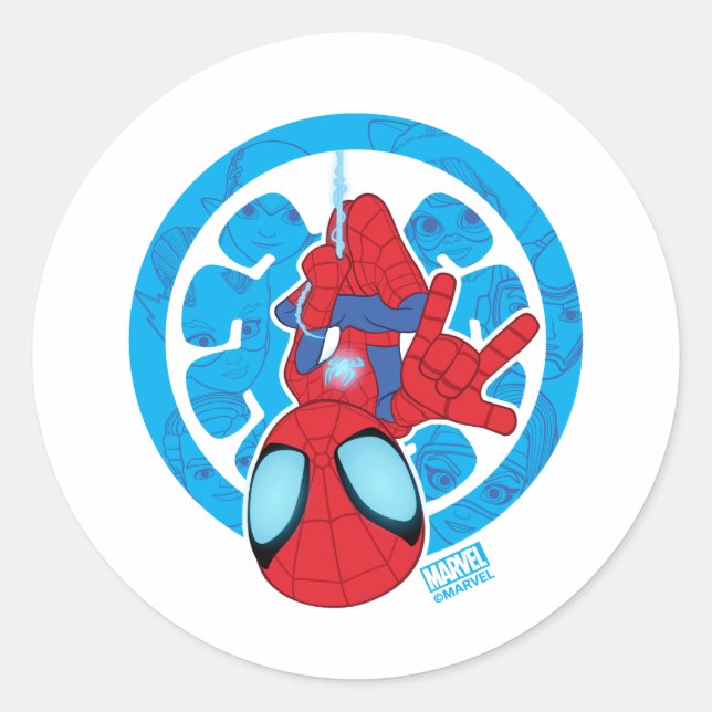 Spidey Hanging Upside Down Logo Villain Collage Classic Round Sticker (Front)