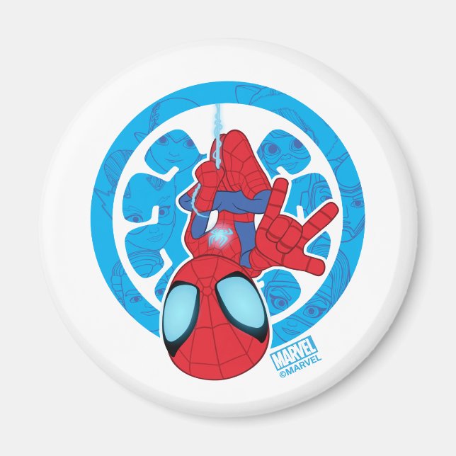 Spidey Hanging Upside Down Logo Villain Collage Magnet (Front)
