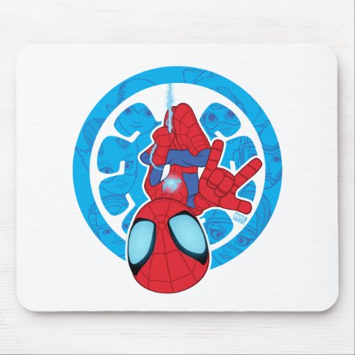 Spidey Hanging Upside Down Logo Villain Collage Mouse Pad