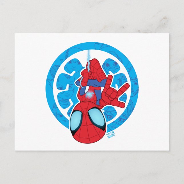 Spidey Hanging Upside Down Logo Villain Collage Postcard (Front)