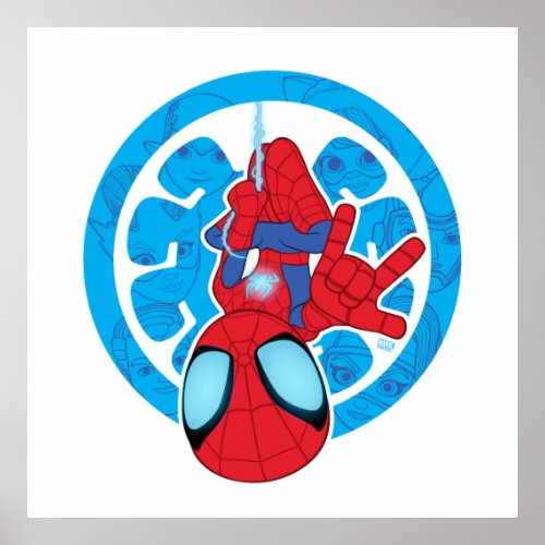 Spidey Hanging Upside Down Logo Villain Collage Poster