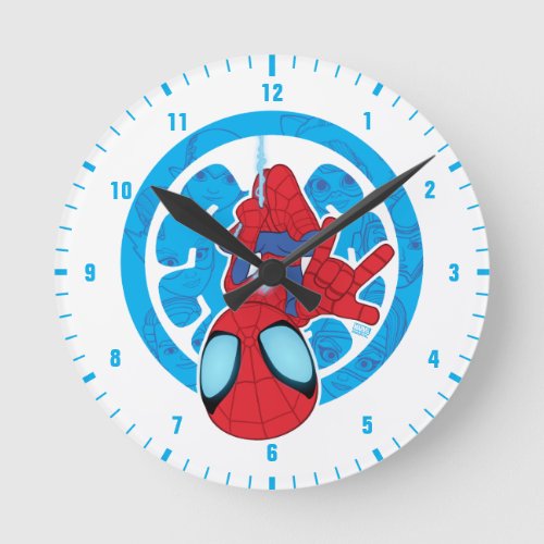 Spidey Hanging Upside Down Logo Villain Collage Round Clock