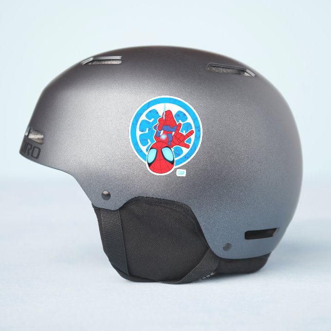 Spidey Hanging Upside Down Logo Villain Collage Sticker (Helmet Side)