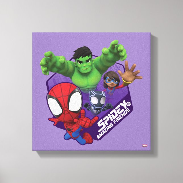 Spidey, Hulk, Ms. Marvel, & Black Panther Hexagon Canvas Print (Front)