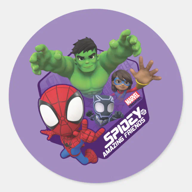 Spidey, Hulk, Ms. Marvel, & Black Panther Hexagon Classic Round Sticker ...