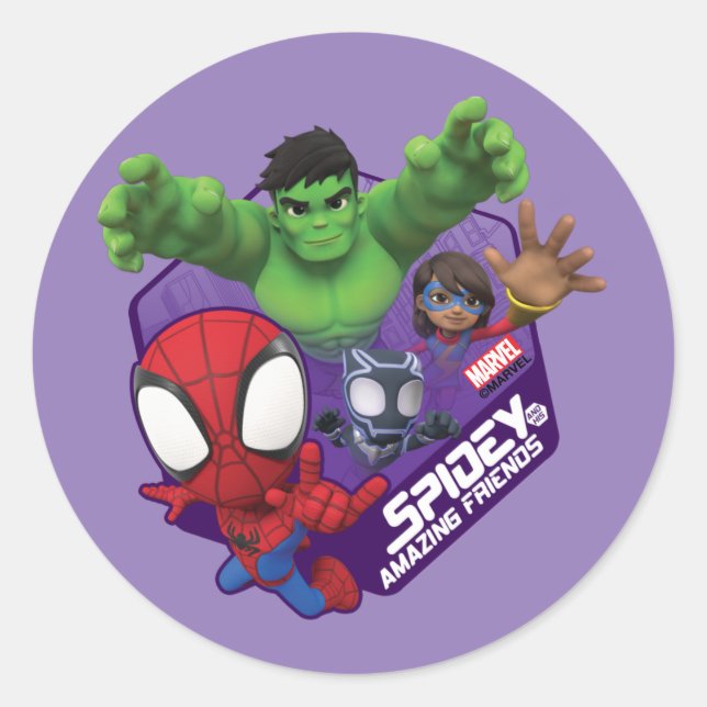 Spidey, Hulk, Ms. Marvel, & Black Panther Hexagon Classic Round Sticker (Front)