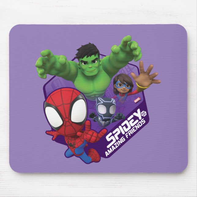 Spidey, Hulk, Ms. Marvel, & Black Panther Hexagon Mouse Pad (Front)