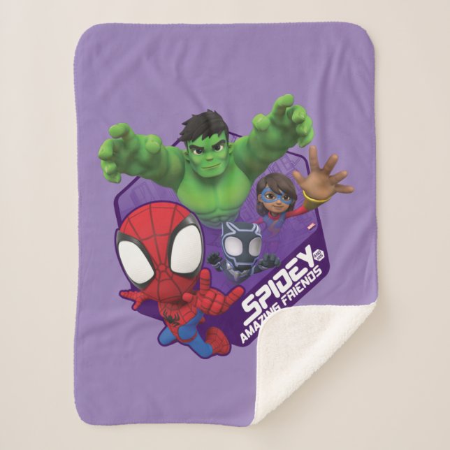 Spidey, Hulk, Ms. Marvel, & Black Panther Hexagon Sherpa Blanket (Front)