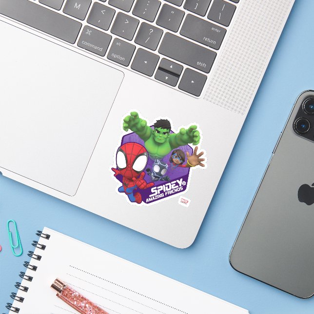 Spidey, Hulk, Ms. Marvel, & Black Panther Hexagon Sticker (Laptop w/ iPhone)