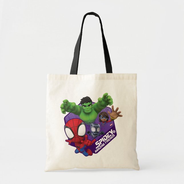 Spidey, Hulk, Ms. Marvel, & Black Panther Hexagon Tote Bag (Front)