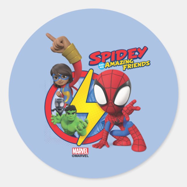 Spidey, Ms. Marvel, Black Panther, & Hulk Badge Classic Round Sticker (Front)