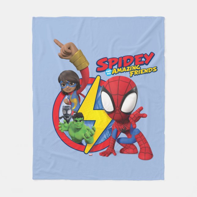Spidey, Ms. Marvel, Black Panther, & Hulk Badge Fleece Blanket (Front)