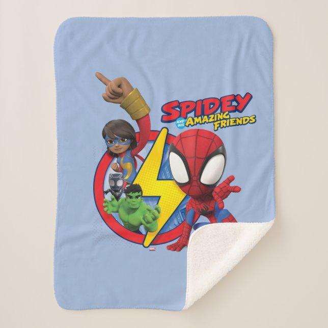 Spidey, Ms. Marvel, Black Panther, & Hulk Badge Sherpa Blanket (Front)