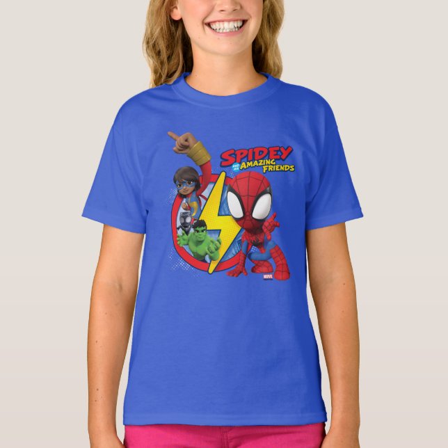 Spidey, Ms. Marvel, Black Panther, & Hulk Badge T-Shirt (Front)