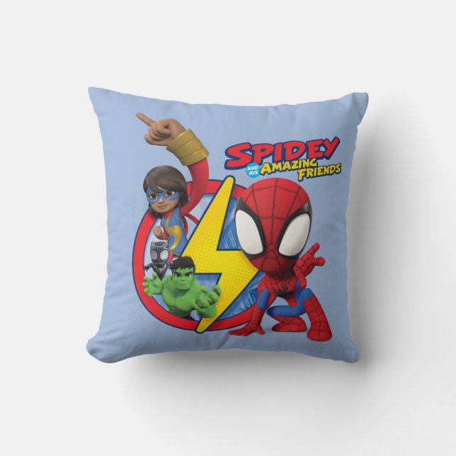 Spidey, Ms. Marvel, Black Panther, & Hulk Badge Throw Pillow (Front)