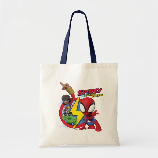 Spidey, Ms. Marvel, Black Panther, & Hulk Badge Tote Bag (Front)