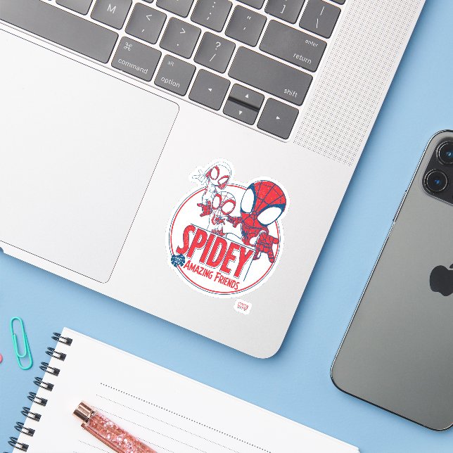 Spidey Team Red & White Circle Badge Sticker (Laptop w/ iPhone)