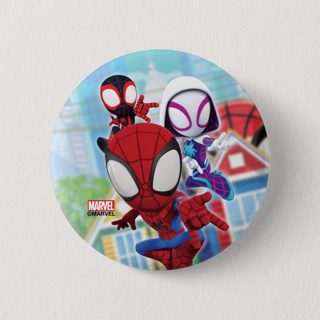 Spidey Team Swinging Through Town Button (Front)
