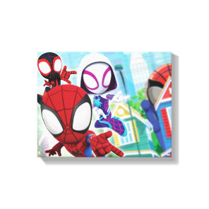 Spidey Team Swinging Through Town Canvas Print