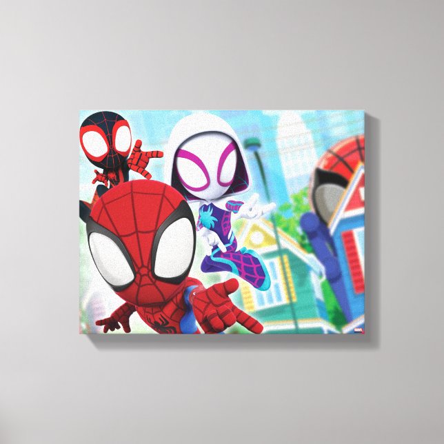 Spidey Team Swinging Through Town Canvas Print (Front)