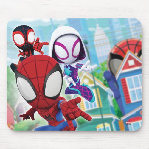Spidey Team Swinging Through Town Mouse Pad