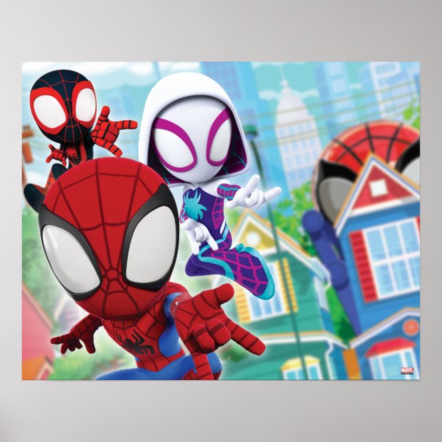 Spidey Team Swinging Through Town Poster (Front)