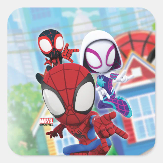 Spidey Team Swinging Through Town Square Sticker | Zazzle