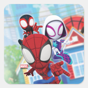 Spidey Team Swinging Through Town Square Sticker
