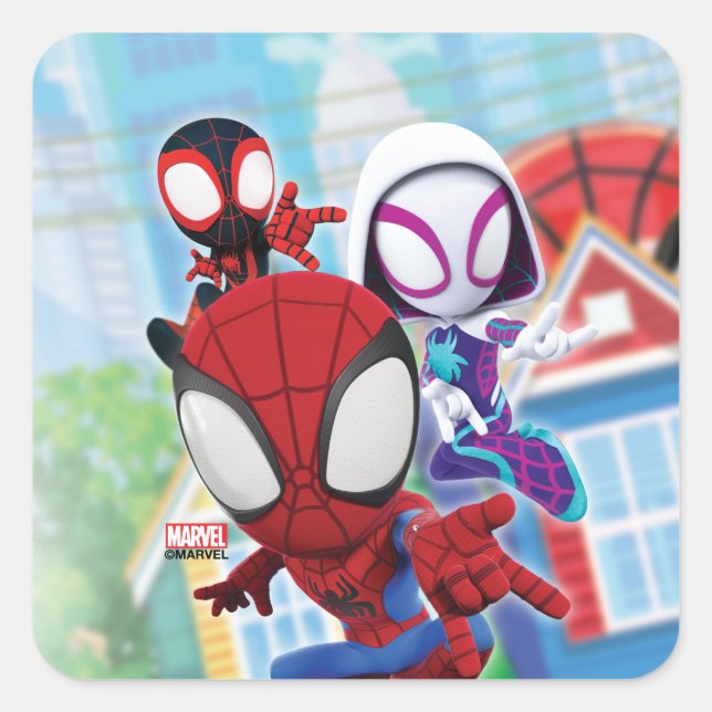 Spidey Team Swinging Through Town Square Sticker (Front)