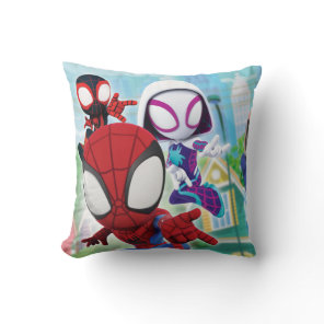 Spidey Team Swinging Through Town Throw Pillow