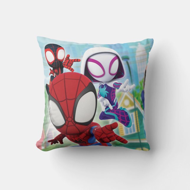 Spidey Team Swinging Through Town Throw Pillow (Front)