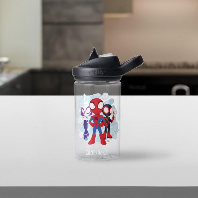 Spidey Team Web Graphic Water Bottle (Water bottle on counter)