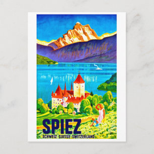 Spiez, green field in front of Switzerland city Postcard