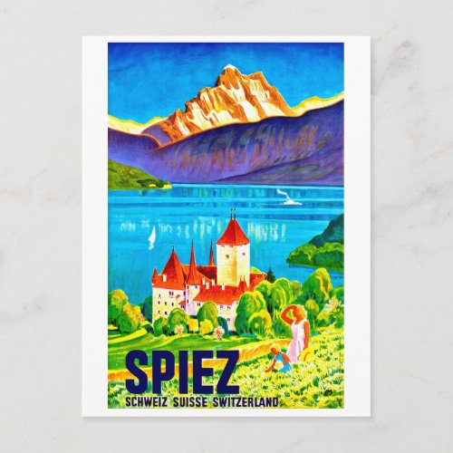 Spiez green field in front of Switzerland city Postcard