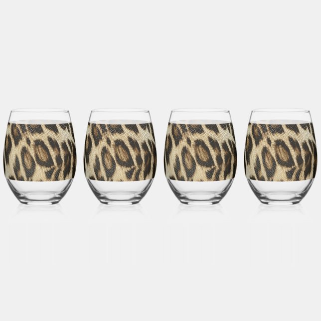 Spiffy Leopard Spots Leather Grain Look Stemless Wine Glass (Front)
