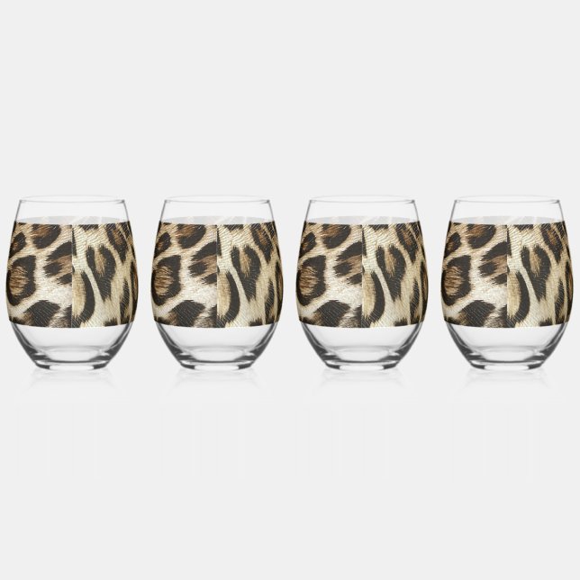 Spiffy Leopard Spots Leather Grain Look Stemless Wine Glass | Zazzle