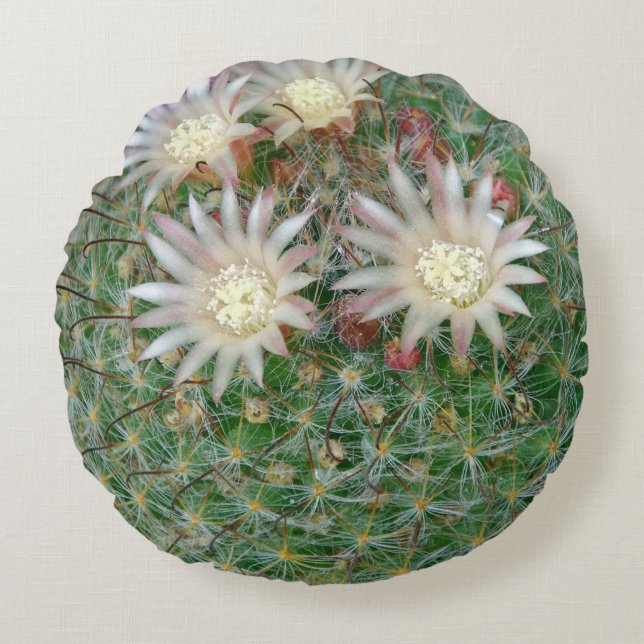 Spikey Flowering Natural Green Cactus Round Pillow (Front)