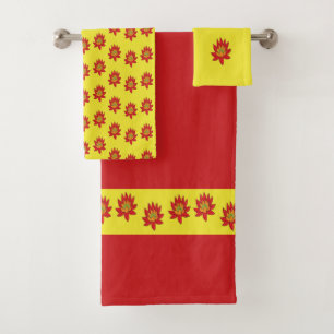 Spiky orange and red flower on yellow bath towel set