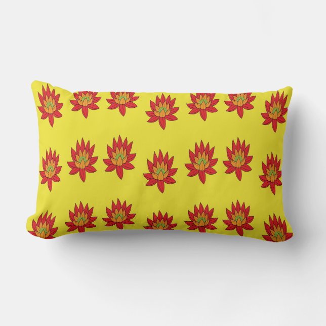 Spiky orange and red flower on yellow lumbar pillow (Front)
