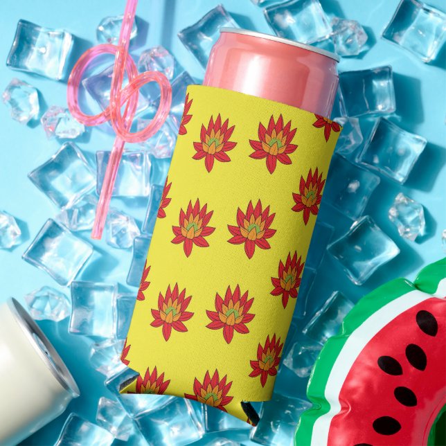Spiky orange and red flower on yellow seltzer can cooler (In Situ Summer)