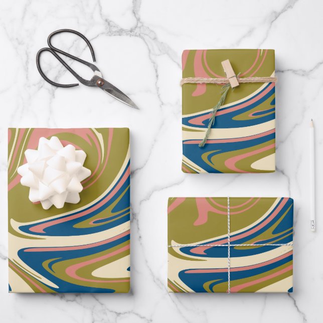 Spill - Blue, Olive Green, Pink and Cream Wrapping Paper Sheets (Front)