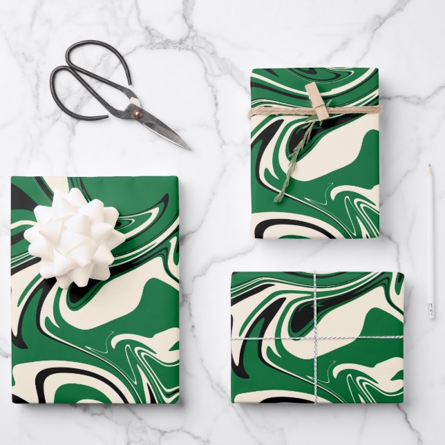 Spill - Green, Cream and Black Wrapping Paper Sheets (Front)