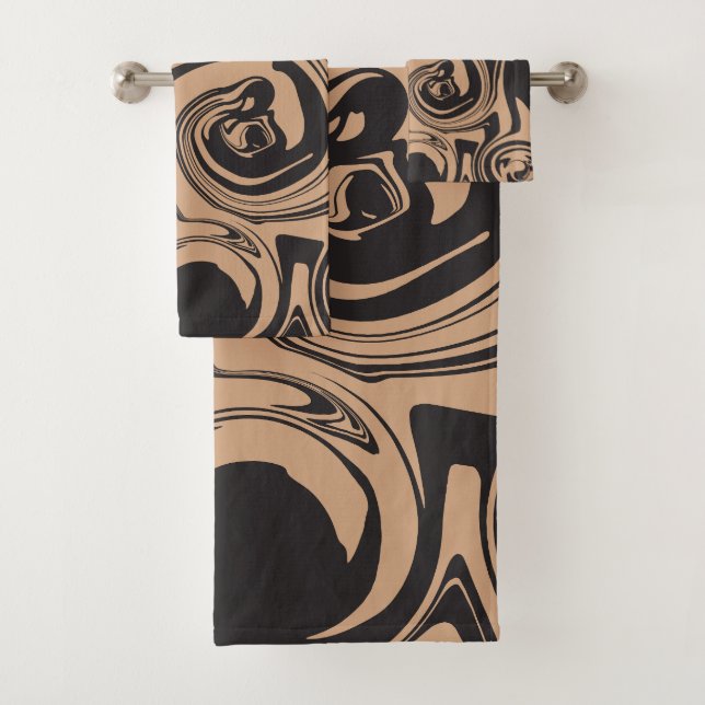Spill in Tan and Black retro, marble swirl Bath Towel Set (Insitu)