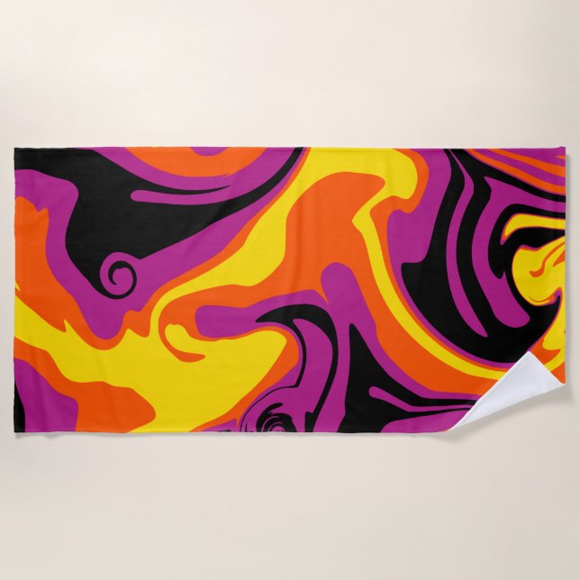 Spill - Orange, Black, Pink and Yellow  Beach Towel (Front)
