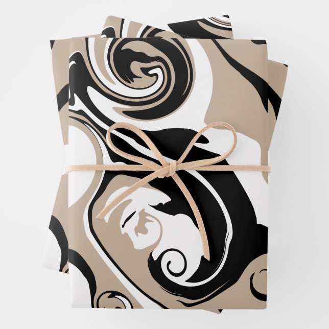Spill - Taupe, Black and White Wrapping Paper Sheets (In situ)