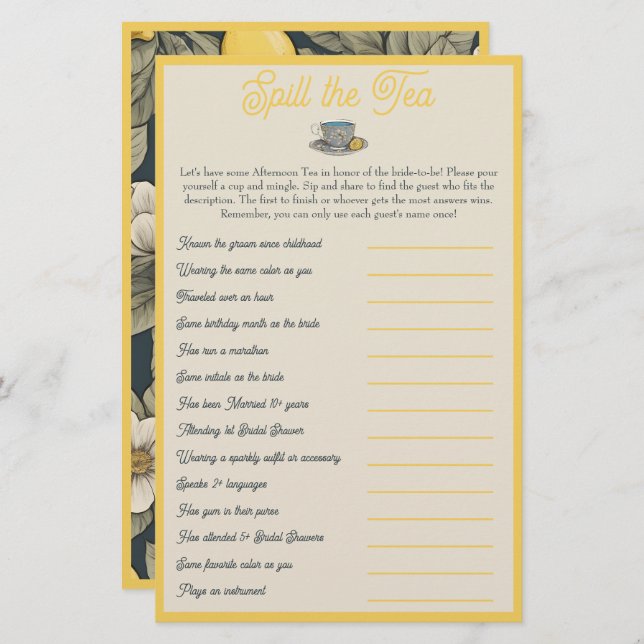 Spill the Tea: Bridal Shower Mix and Mingle Game (Front/Back)