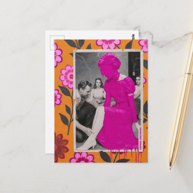 Spilled Hot Pink Paint Dress Model Lady Collage Postcard (Front/Back In Situ)