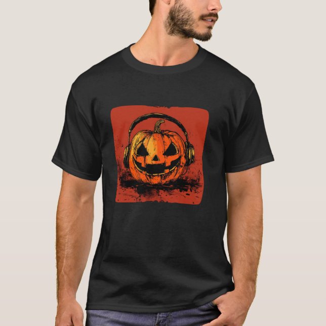Spin the Beat with this Pumpkin and Headphones Com T-Shirt (Front)